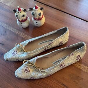 Manolo Blahnik Beige Embroidered - glitter ballet flats